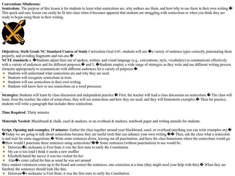 Semicolons Lesson Plan