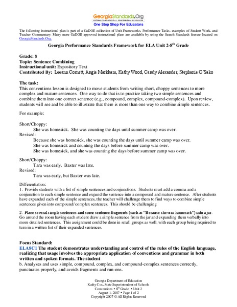 Sentence Combining Lesson Plan