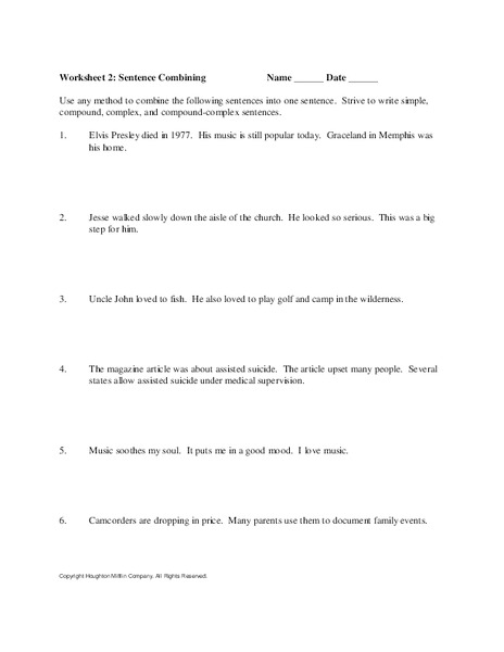 Sentence Combining Worksheet