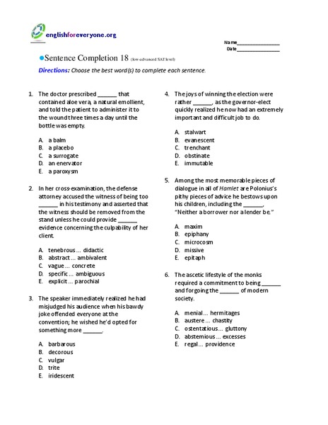 Sentence Completion 18 Worksheet
