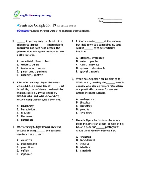 Sentence Completion 19 Worksheet