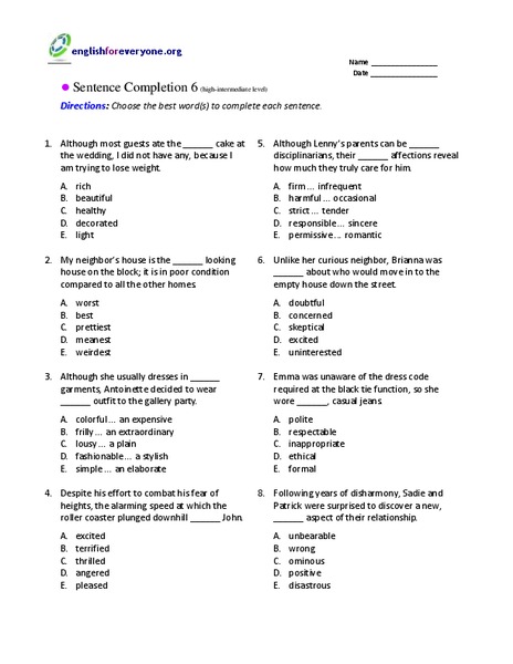 Sentence Completion 6 Worksheet