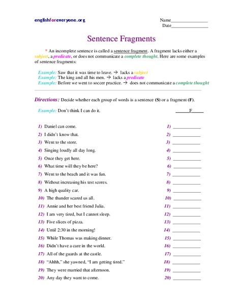 Sentence Fragments Worksheet