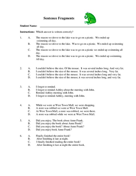Sentence Fragments Worksheet