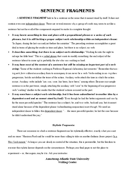 Sentence Fragments Worksheet