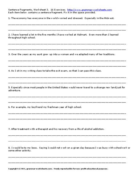 Sentence Fragments Worksheet