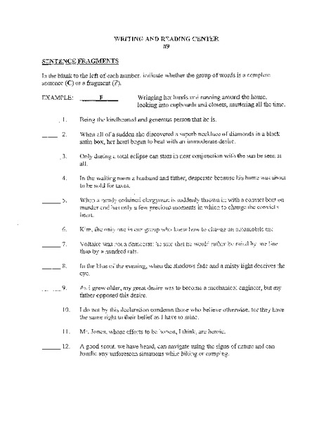 Sentence Fragments Worksheet