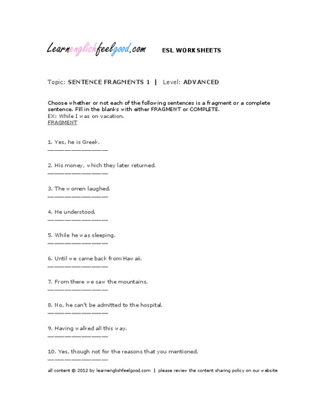 Sentence Fragments Worksheet