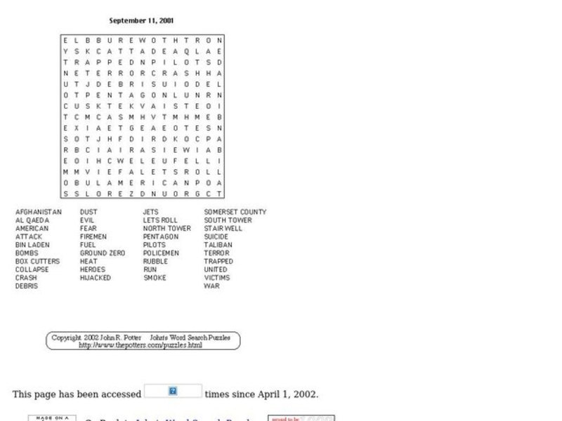 September 11, 2001 Worksheet