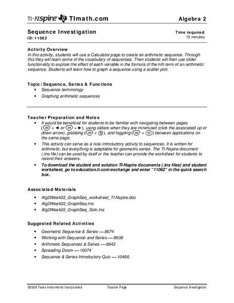 Sequence Investigation Lesson Plan
