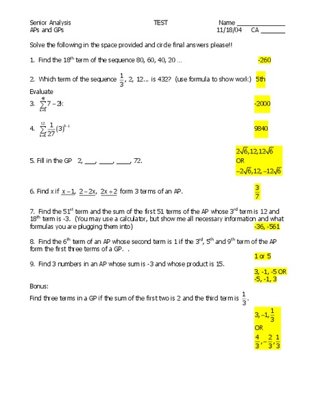 Sequences Worksheet