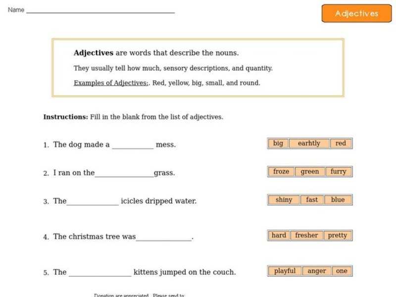 Adjectives - Definition and Sentence Completion Worksheet
