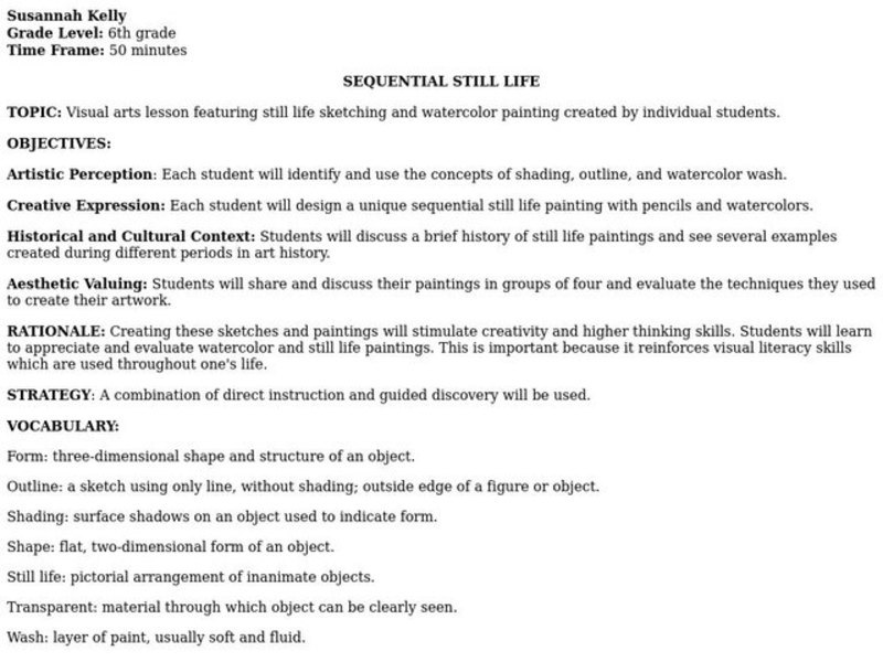 Sequential Still Life Lesson Plan
