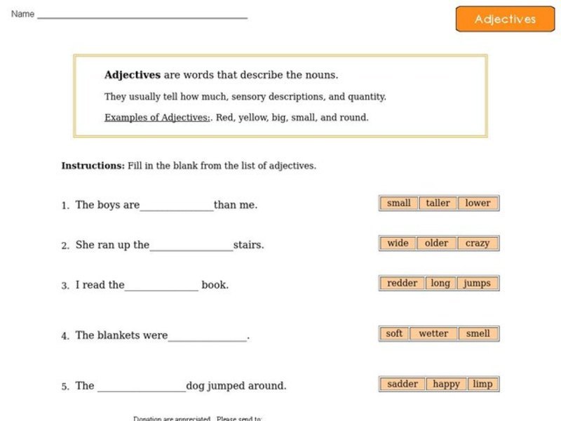 Adjectives - Definition and Sentence Completion Worksheet