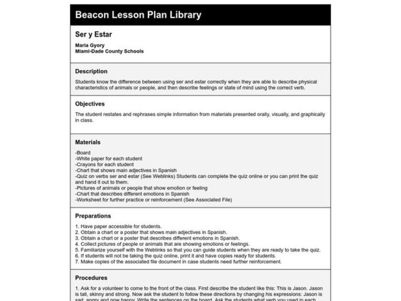 Ser y Estar Lesson Plan