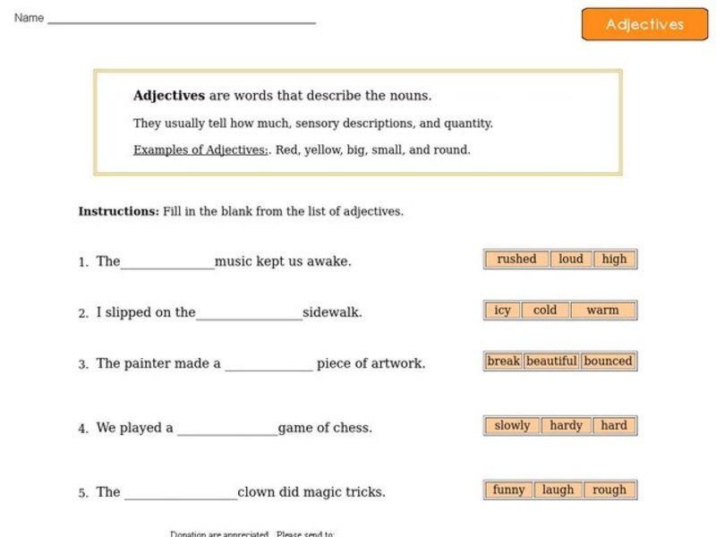 Adjectives - Definition and Sentence Completion Worksheet