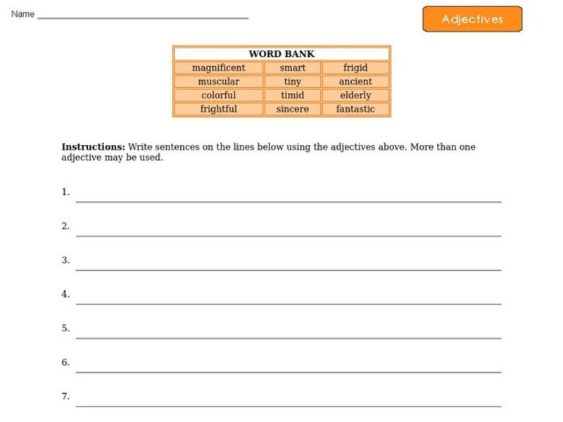 Adjectives - Writing Sentences Worksheet