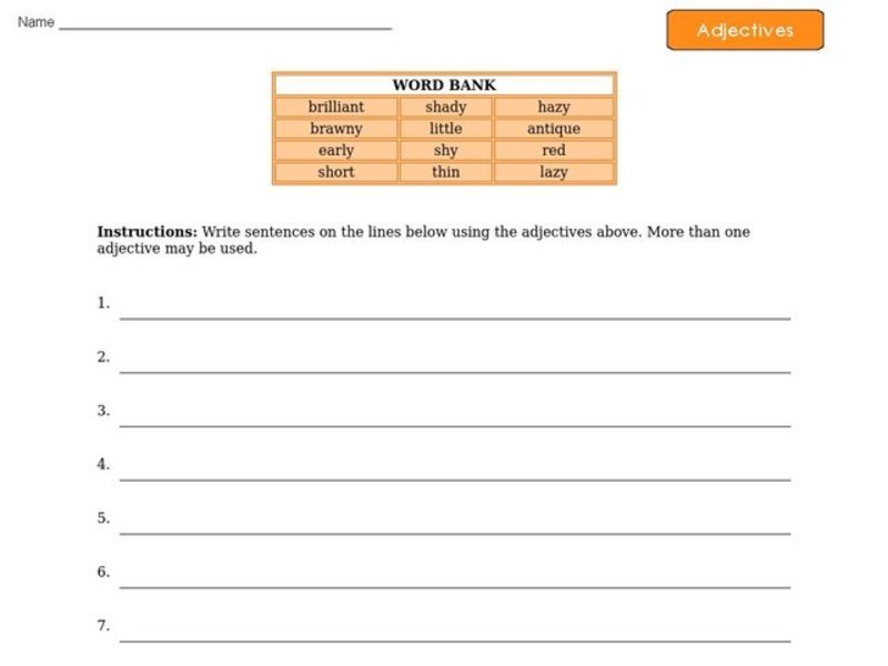 Adjectives - Writing Sentences Worksheet