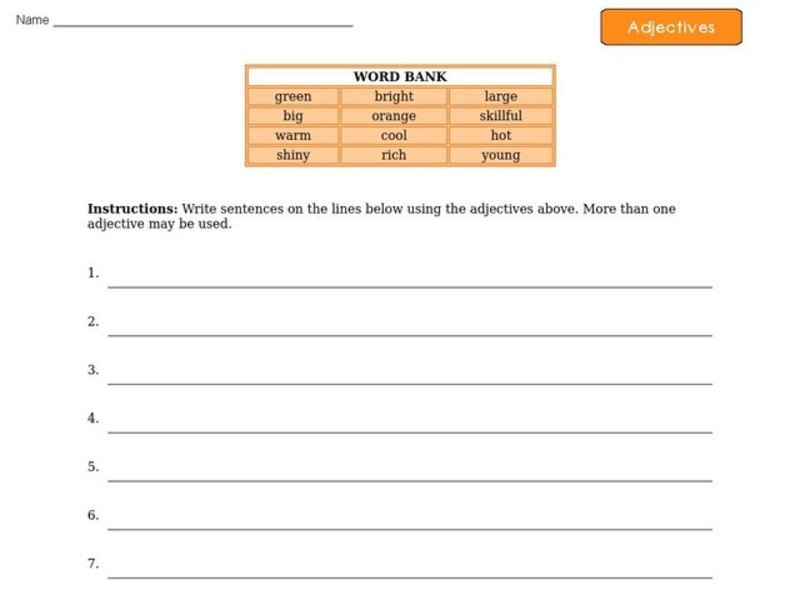 Adjectives - Writing Sentences Worksheet