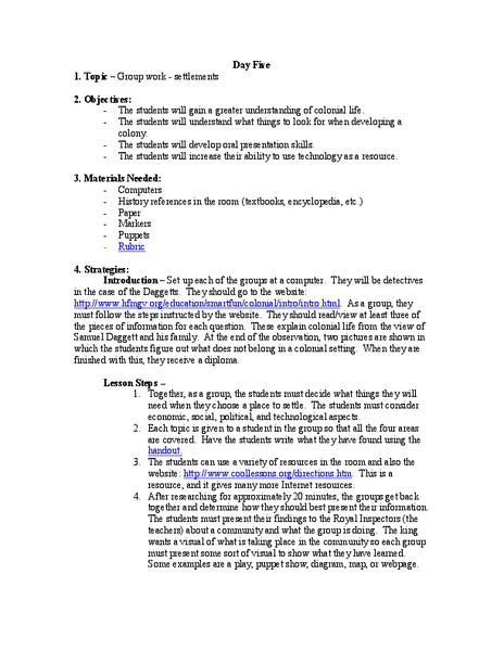 Settlements Lesson Plan