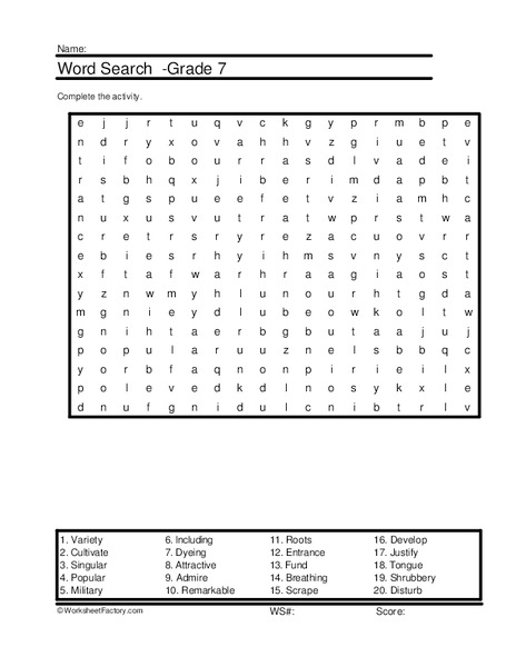 Seventh Grade Word Search Worksheet