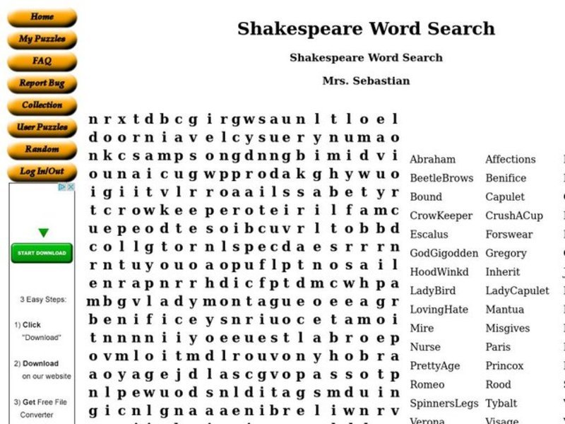 Shakespeare Word Search Worksheet