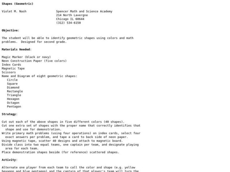 Shapes (Geometric) Lesson Plan