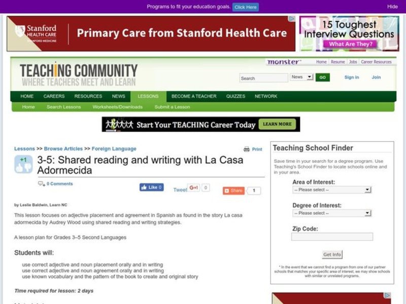 Shared Reading and Writing with La Casa Adormecida Lesson Plan