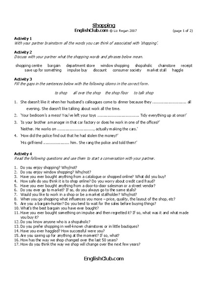 Shopping Worksheet