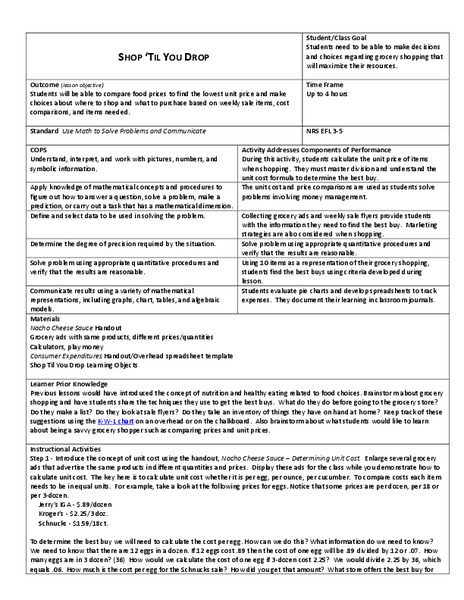 Shop 'Til You Drop Lesson Plan