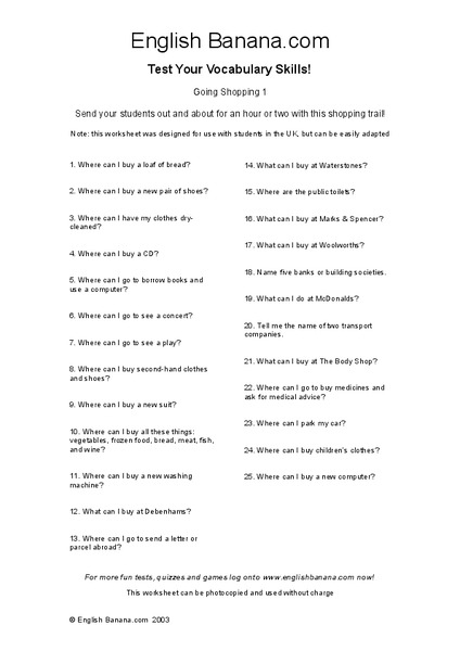 Shopping Worksheet