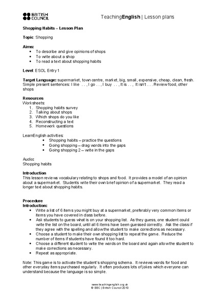 Shopping Lesson Plan
