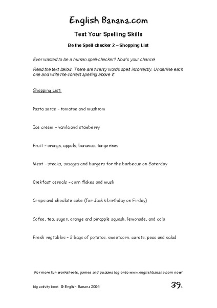 Shopping List Worksheet