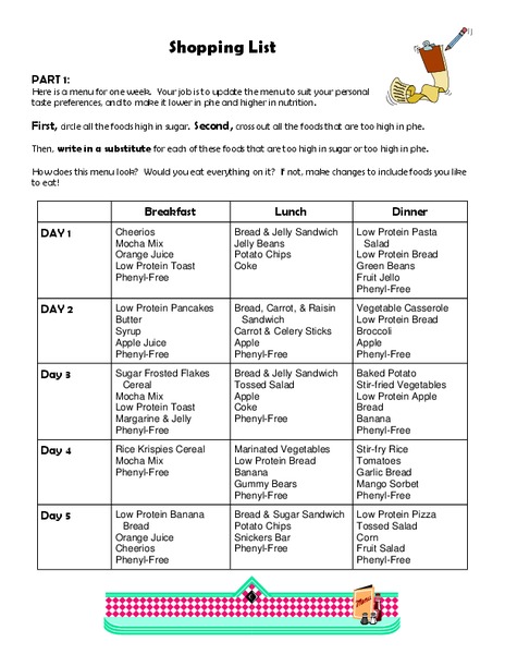 Shopping List Worksheet