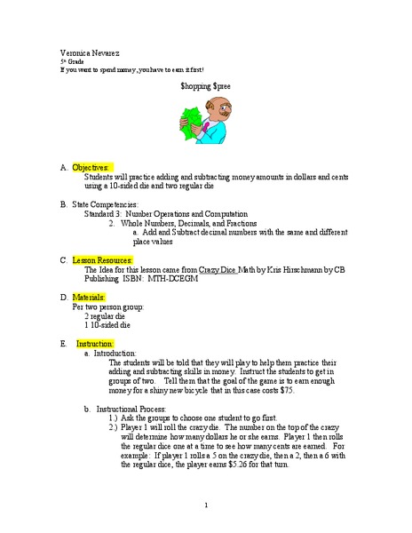 Shopping Spree Lesson Plan