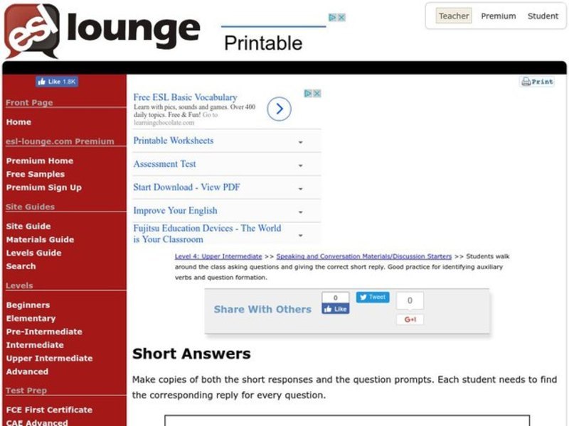 Short Answers Worksheet