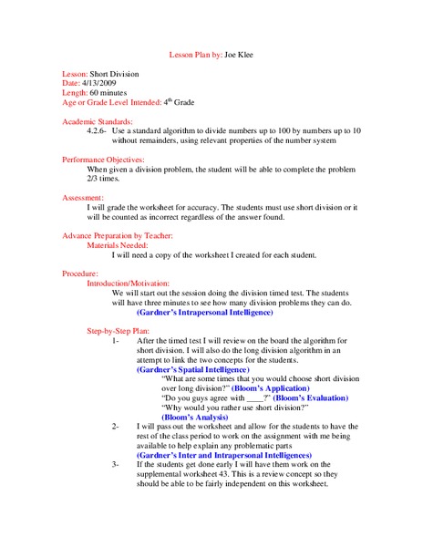 short Division Lesson Plan