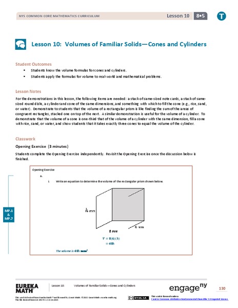 Volumes of Familiar Solids – Cones and Cylinders Lesson Plan
