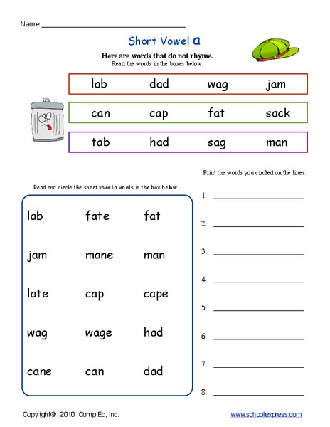 Short Vowel A-Read and Print Worksheet