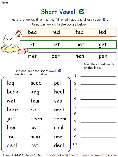Short vowel e Worksheet