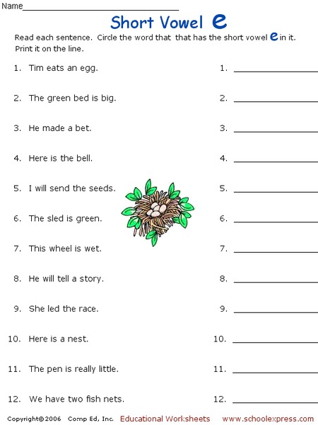 Short Vowel E: Circle and Print Worksheet
