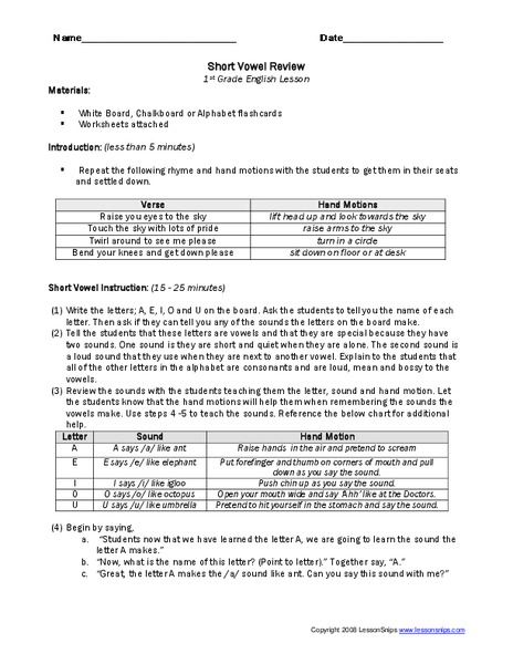 Short Vowel Review Lesson Plan