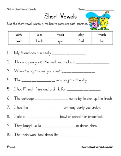 Short Vowels Worksheet