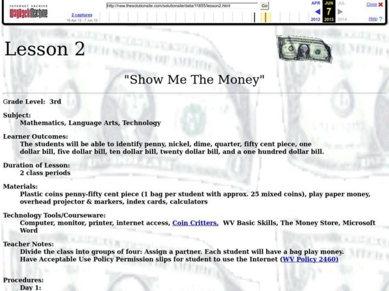 Show Me The Money Lesson Plan