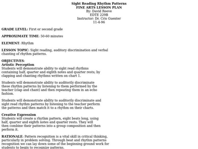 SIGHT READING RHYTHM PATTERNS Lesson Plan