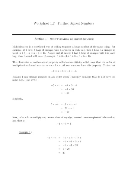 Signed Numbers Worksheet
