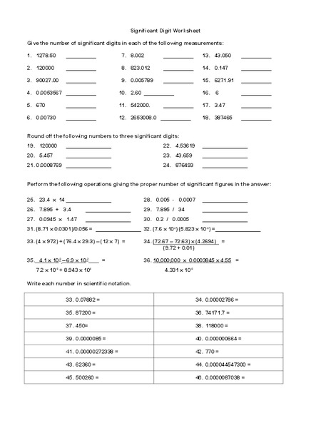 Significant Digits Worksheet
