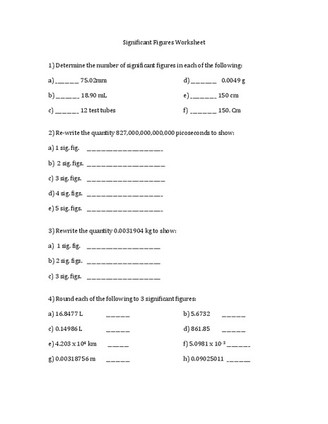 Significant Figures Worksheet Worksheet