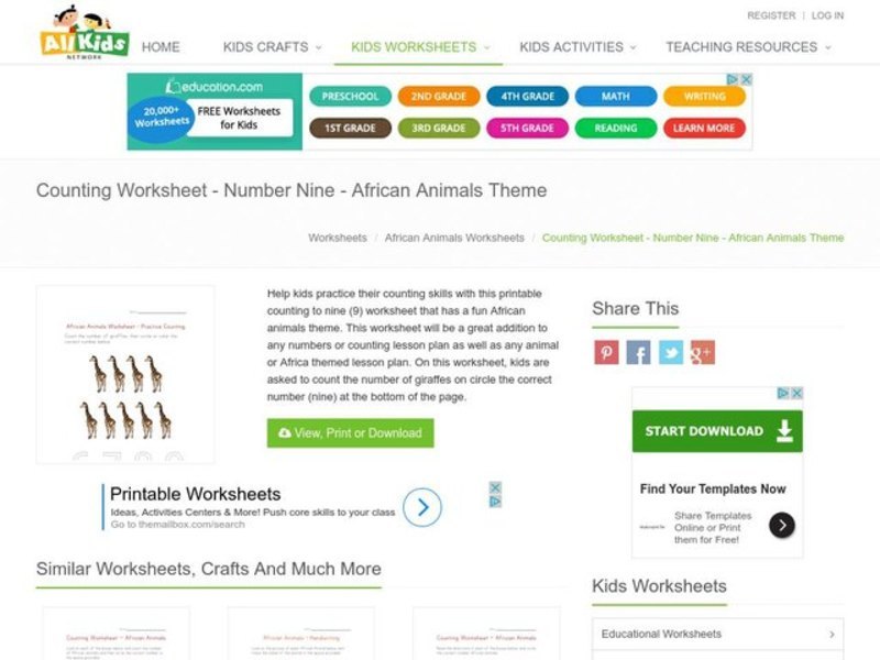 African Animals Worksheet - Practice Counting Worksheet