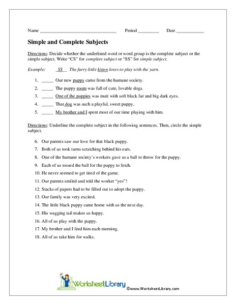 Simple and Complete Subjects Worksheet